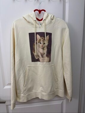 Sandro Cream Hoodie with Kitten Graphic